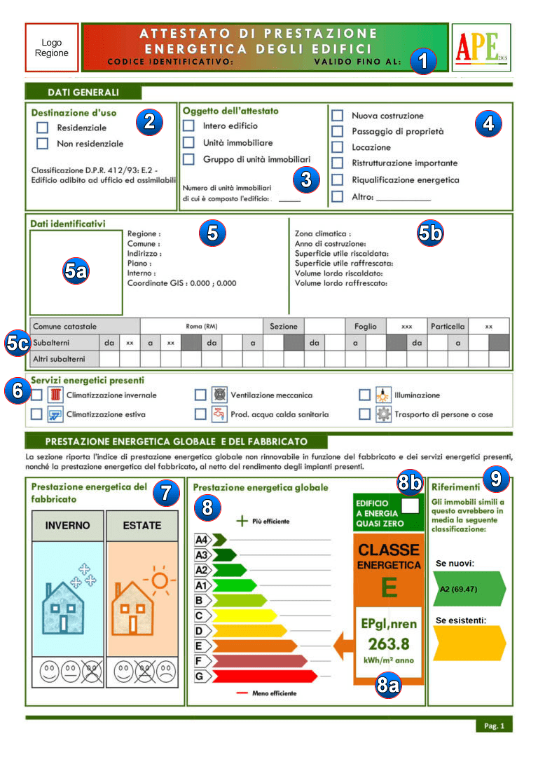 Prima pagina di un attestato di prestazione energetica - APE