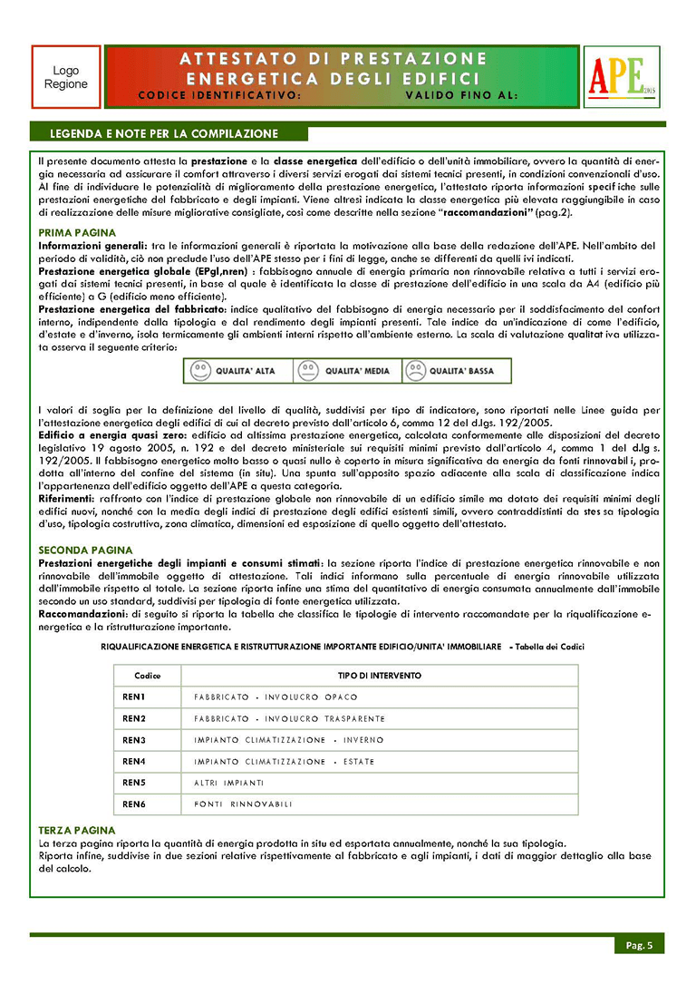 Quinta pagina di un attestato di prestazione energetica - APE