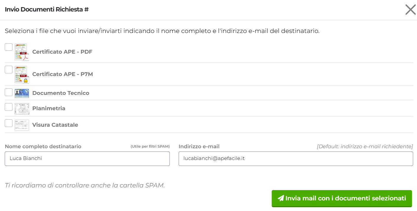 Invio e-mail con documenti Certificato APE