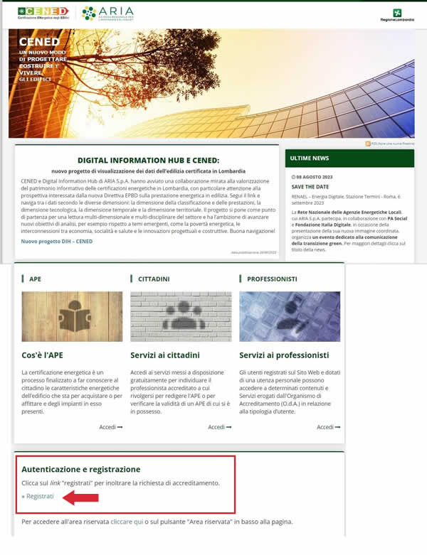 Homepage portale CENED per le Certificazioni Energetiche in Lombardia