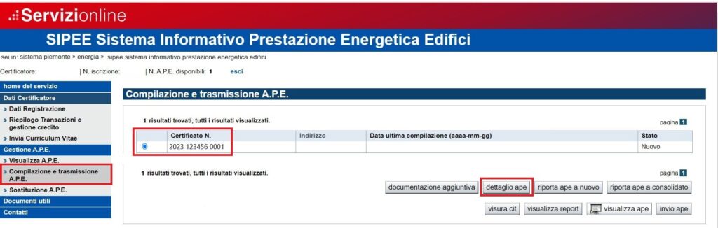 Caricamento nuovo certificato APE in SIPEE
