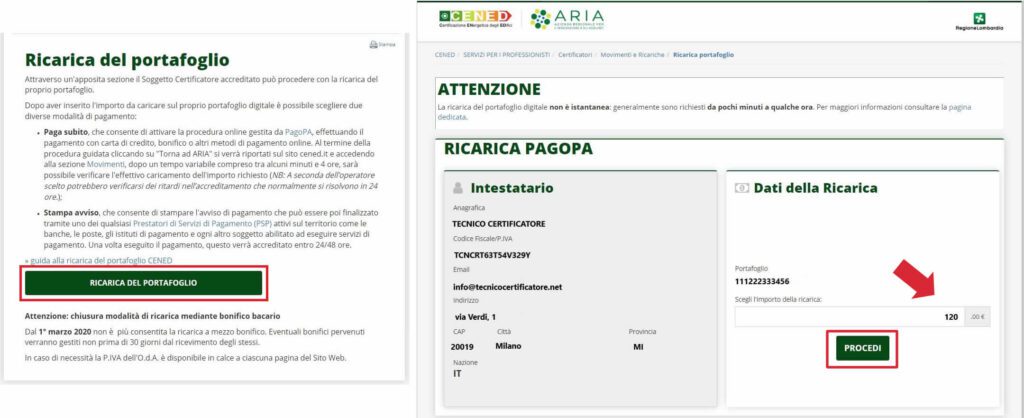 Ricarica portafoglio CENED | Apefacile.it News e Info Procedura di ricarica portafoglio sul portale CENED