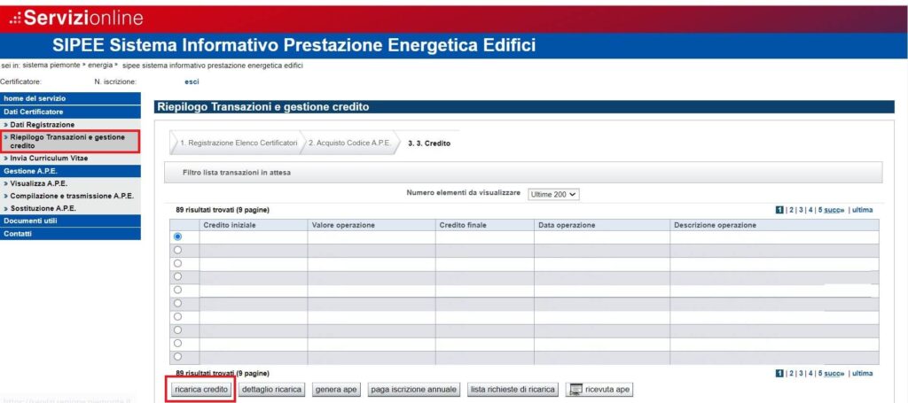 5-Ricarica-credito-APE | Apefacile.it News e Info Schermata di ripeilogo delle transazioni effettuate dal Tecnico sul SIPEE