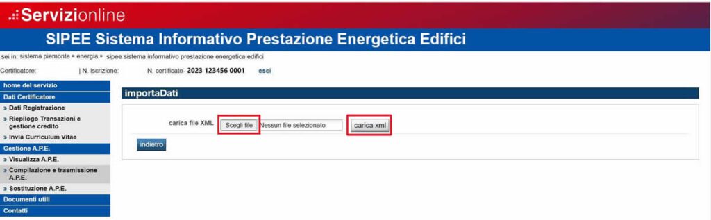 Scelta del file .xml dell'APE da caricare nel sistema SIPEE Piemonte