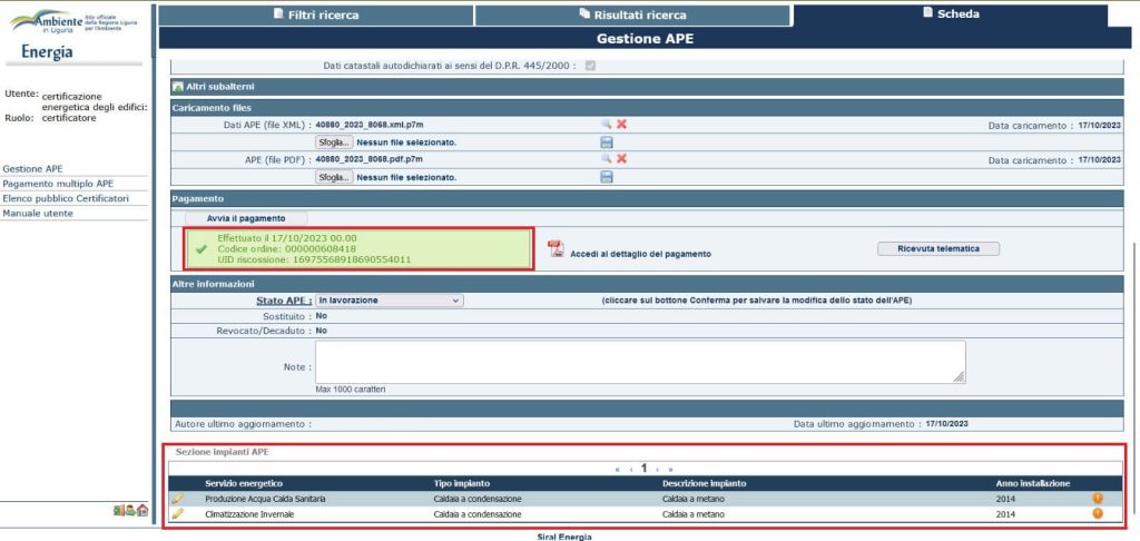 SIAPEL - Esito pagamento dell'onere regionale per nuovo Certificato APE