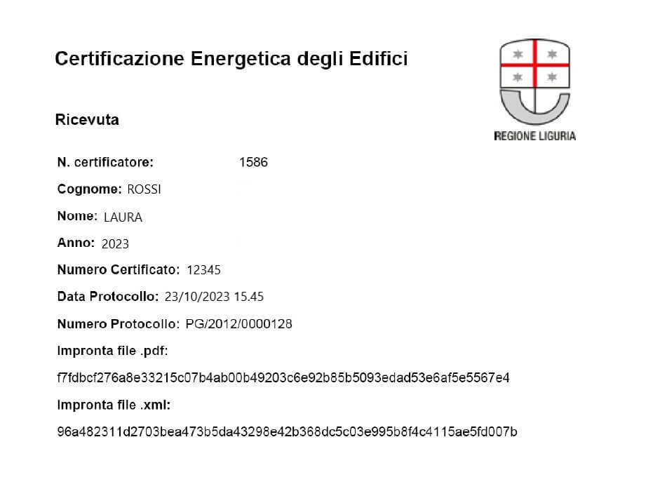 SIAPEL - Esempio ricevuta di pagamento dell'onere regionale per nuovo Certificato APE