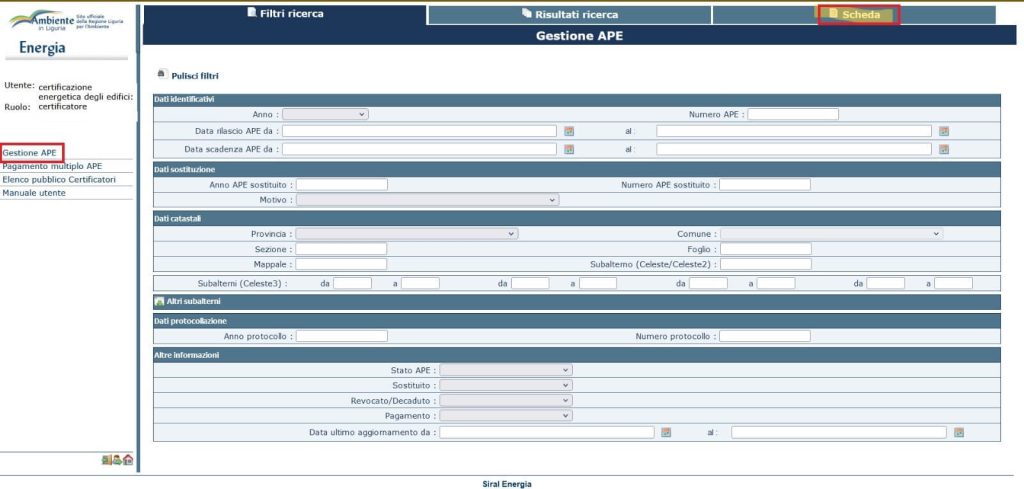 SIAPEL - Accedere alla sezione di invio di un nuovo Certificato APE