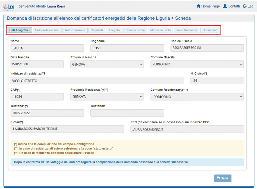 SIAPEL - Compilazione dei dati per la registrazione
