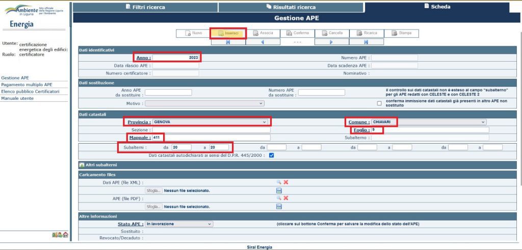 SIAPEL - Inserimento dati per invio di un nuovo Certificato APE