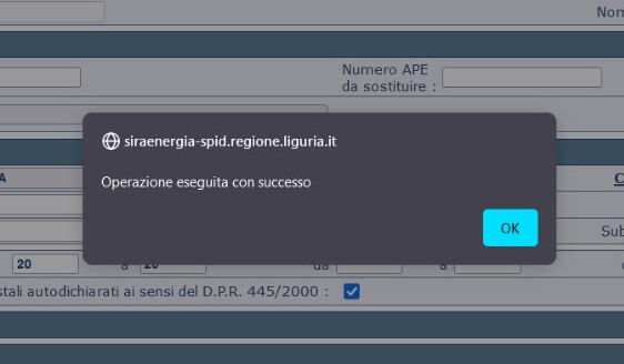 SIAPEL - Conferma inserimento dati per invio di un nuovo Certificato APE
