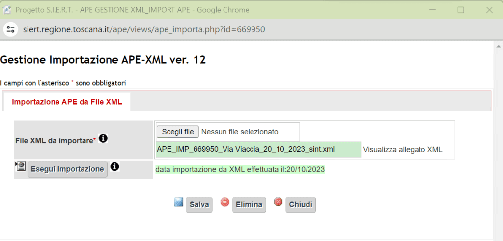 SIERT - Caricamento nuovo APE - Importa file XML