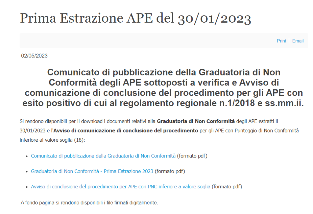 Pubblicazione della Graduatoria di "Non conformità" dei Certificati APE verificati in Liguria