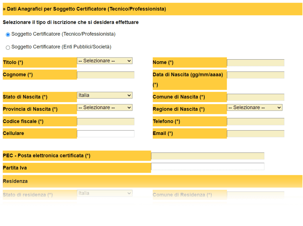 SACE - Inserimento dati per iscrizione certificatore