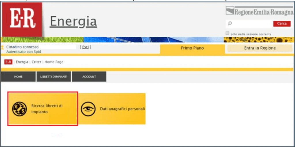CRITER - Schermata dopo accesso al portale come cittadino