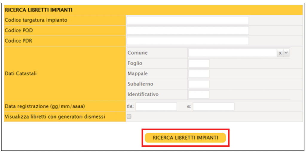 CRITER - Ricerca del libretto di impianto