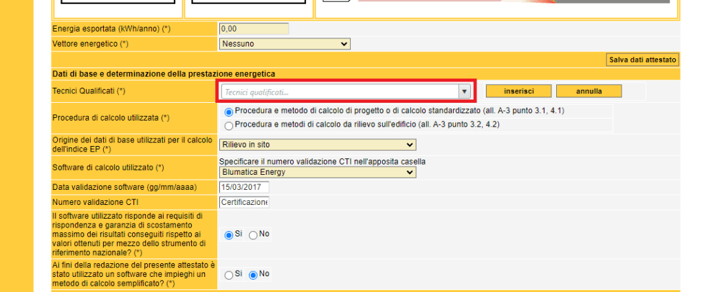 SACE - Invio nuovo attestato - Dati Tecnico Certificatore