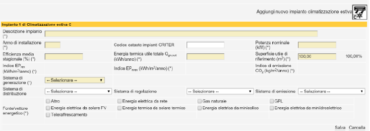 SACE - Invio nuovo attestato - Dettaglio Clinatizzazione estiva