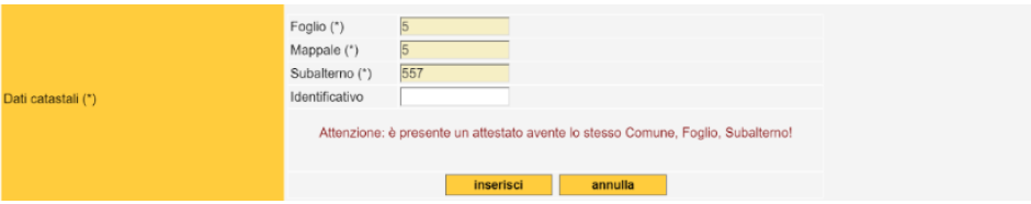 SACE - Invio nuovo attestato - Dati catastali