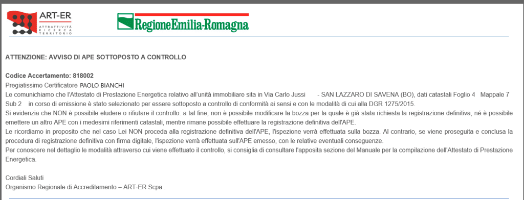 ART-ER Avviso controllo in corso APE
