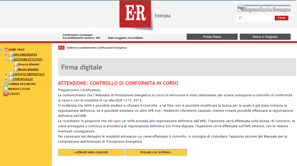 ART-ER Avviso controllo in corso APE in area personale