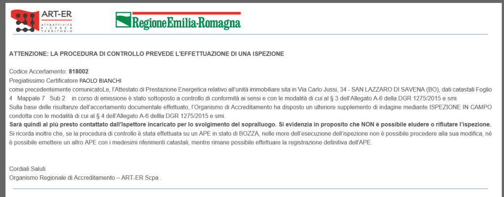 ART-ER Avviso ispezione per controllo APE