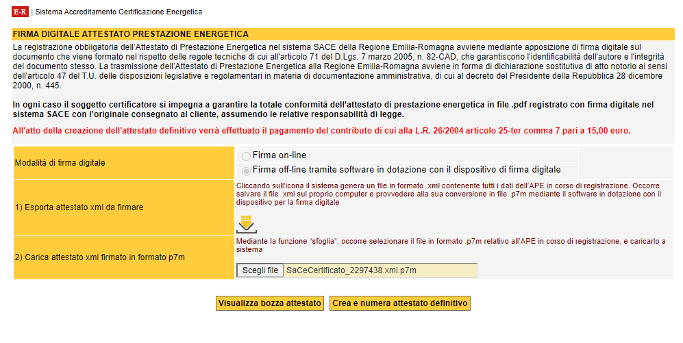 SACE - Invio nuovo attestato - Firma digitale APE