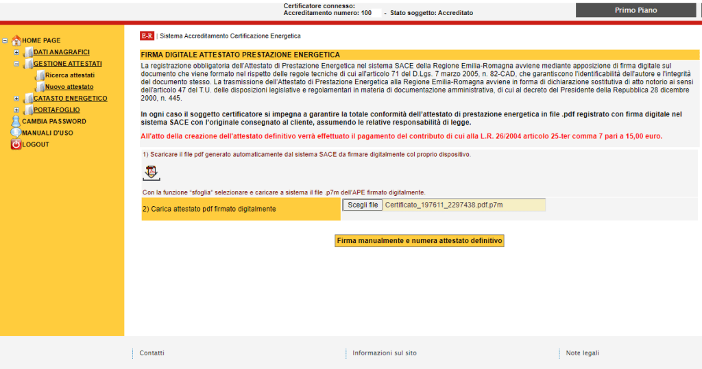 SACE - Invio nuovo attestato - Firma digitale APE in formato p7m
