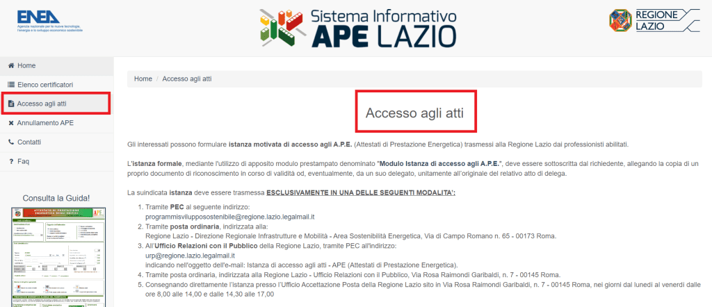 Richiesta di accesso nel sistema informativo APE Lazio