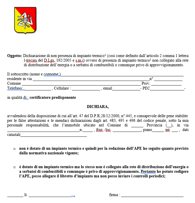 Sistema APE Sicilia - Dichiarazione di non presenza impianto termico