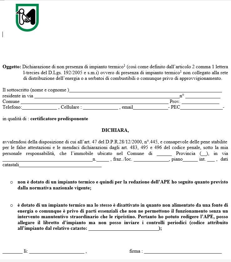 Sistema APE Marche - Dichiarazione di non presenza dell'impianto termico