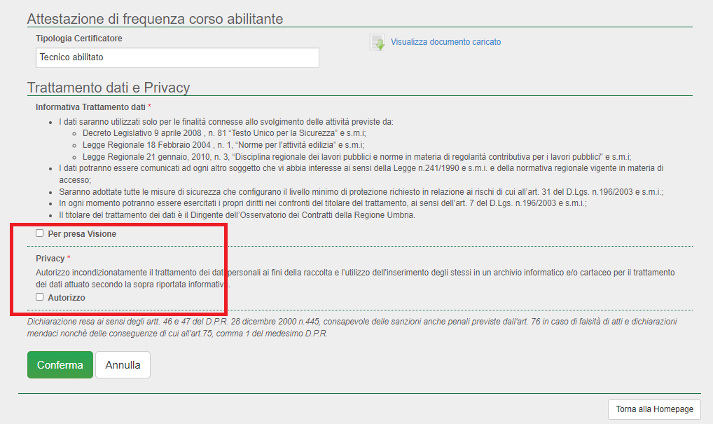 Portale APE - Regione Umbria - Trattamento dati e Privacy