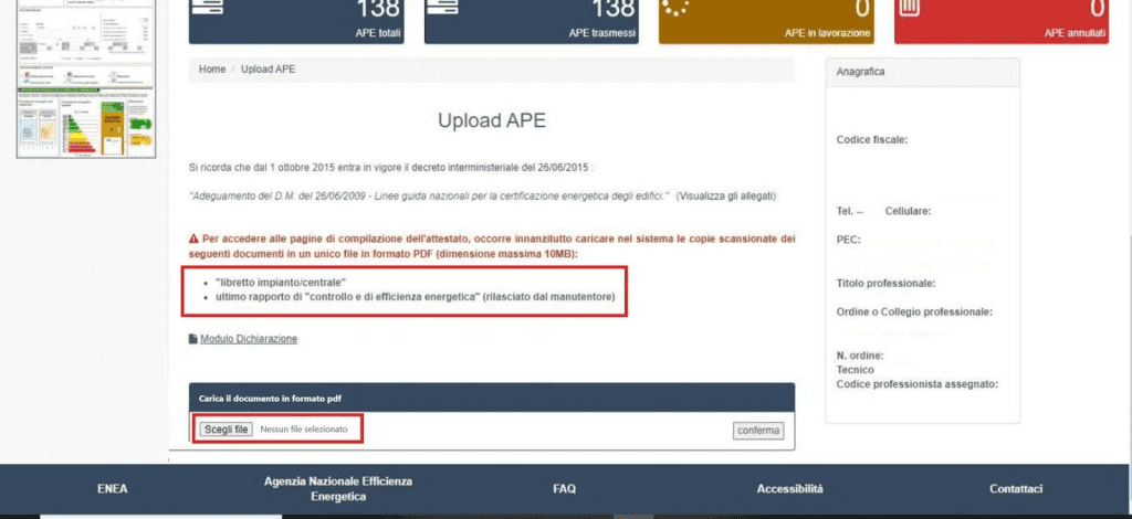 APE Calabria - Invio nuovo APE - Caricamento libretto di impianto e ultimo rapporto di efficienza