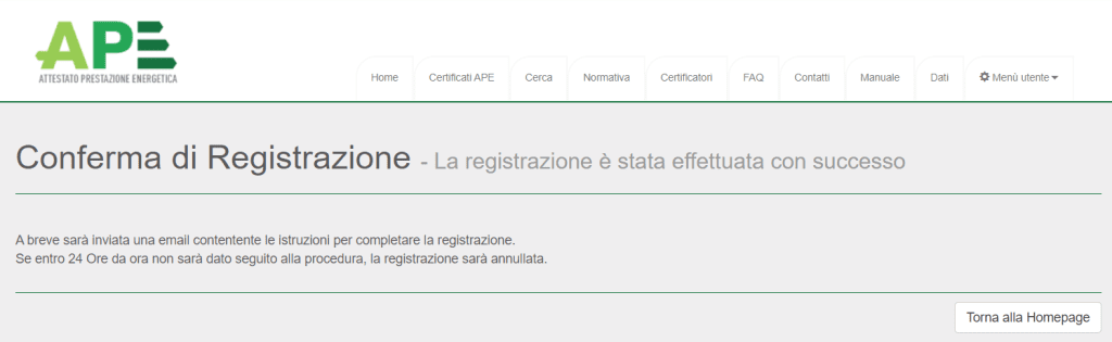 Portale APE - Regione Umbria - Conferma di registrazione