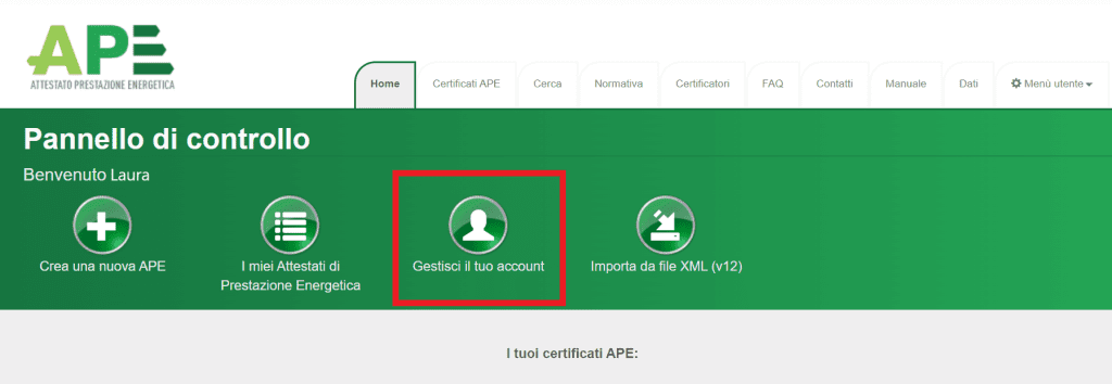 Portale APE - Regione Umbria - Gestione account