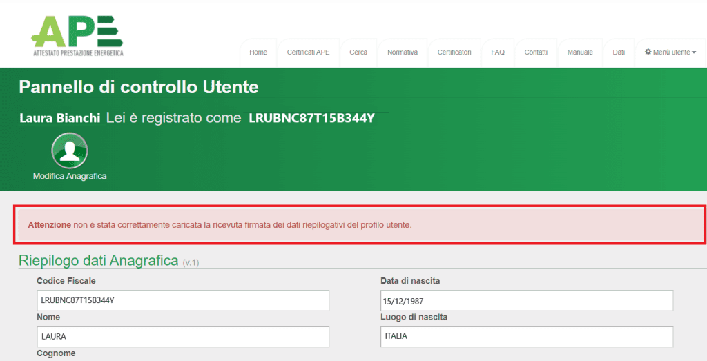 Portale APE - Regione Umbria - Pannello di controllo