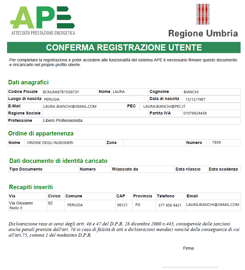 Portale APE - Regione Umbria - Conferma registrazione utente