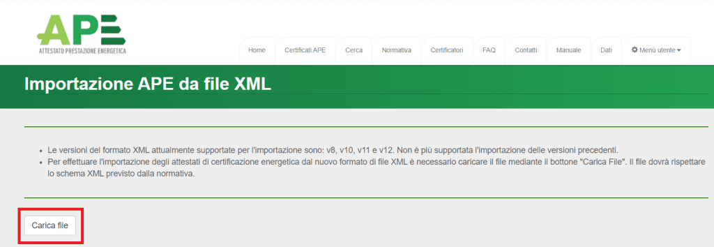 Portale APE - Regione Umbria - Importa da XML Carica