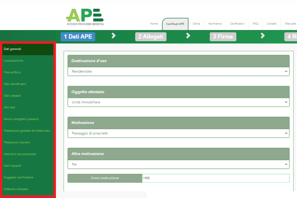 Portale APE - Regione Umbria - Sezioni dati immobile