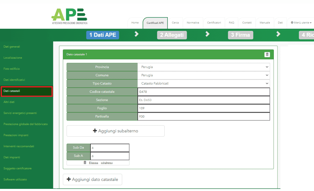 Portale APE - Regione Umbria - Dati catastali