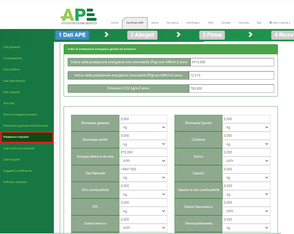 Portale APE - Regione Umbria - Prestazione impianti