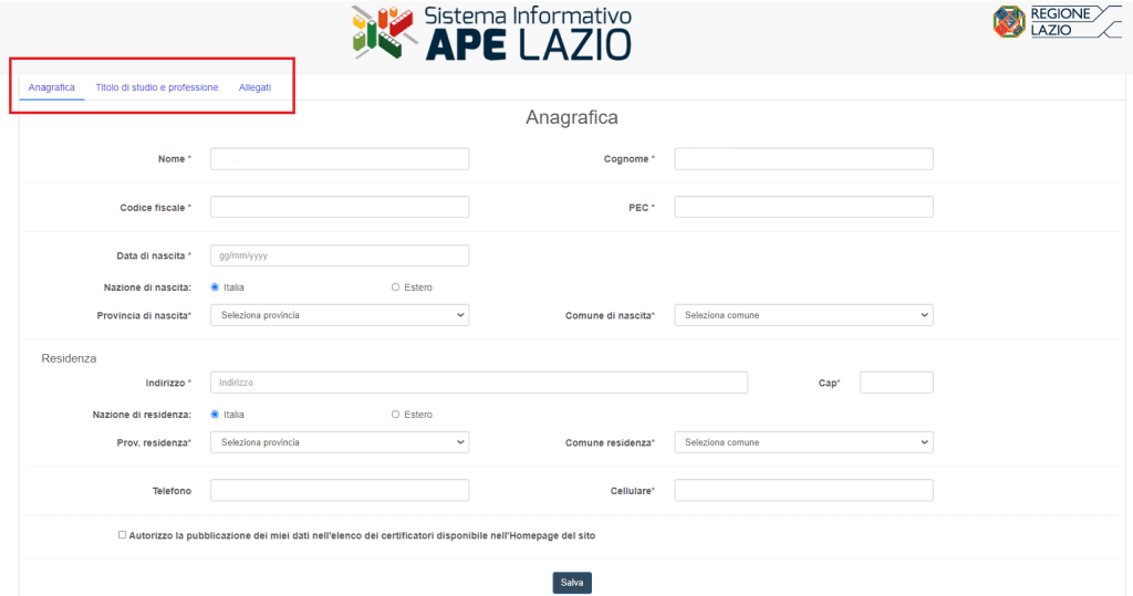 APE-Lazio - Registrazione Elenco Certificatori Energetici