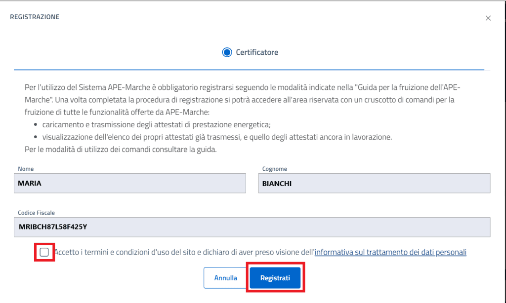 Sistema APE Sicilia - Registrazione nuovo Certificatore