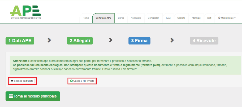 Portale APE - Regione Umbria - Firma e carica