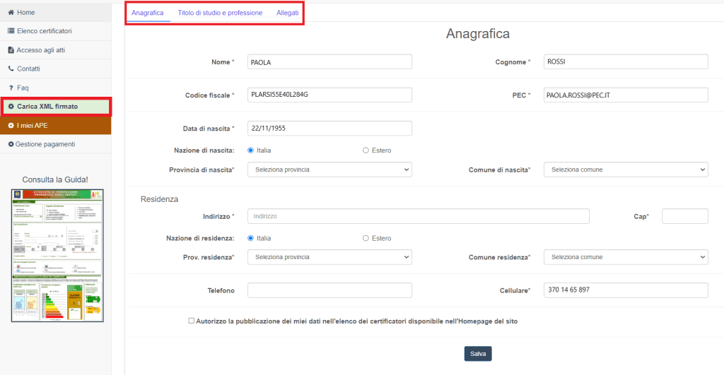 APE Calabria - Anagrafica per registrazione elenco Certificatori