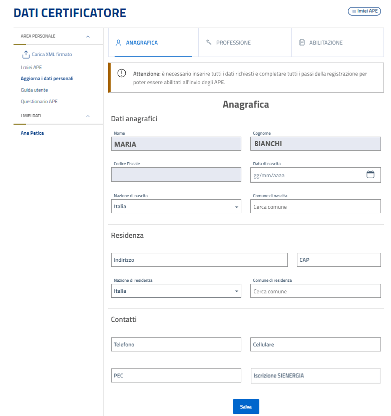 Sistema APE Sicilia - Registrazione nuovo Certificatore - Anagrafica
