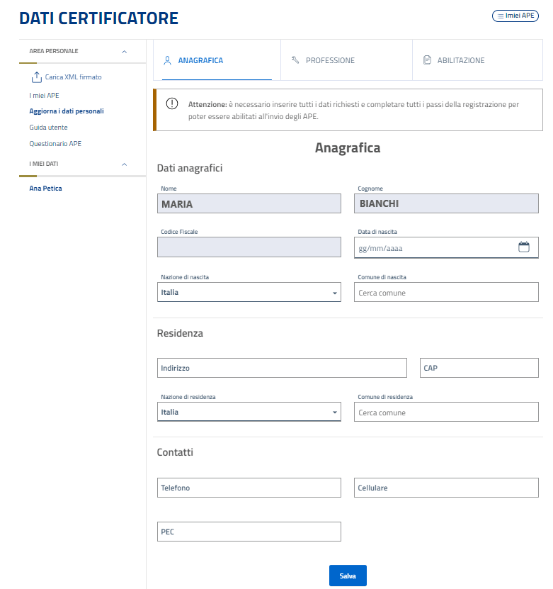 Sistema APE Marche - Anagrafica per Registrazione