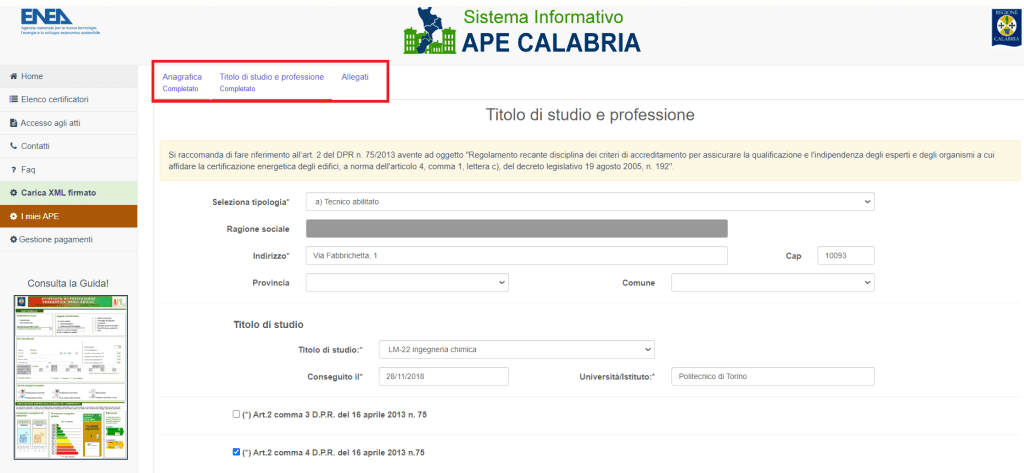 APE Calabria - Inserimento dati per registrazione elenco Certificatori