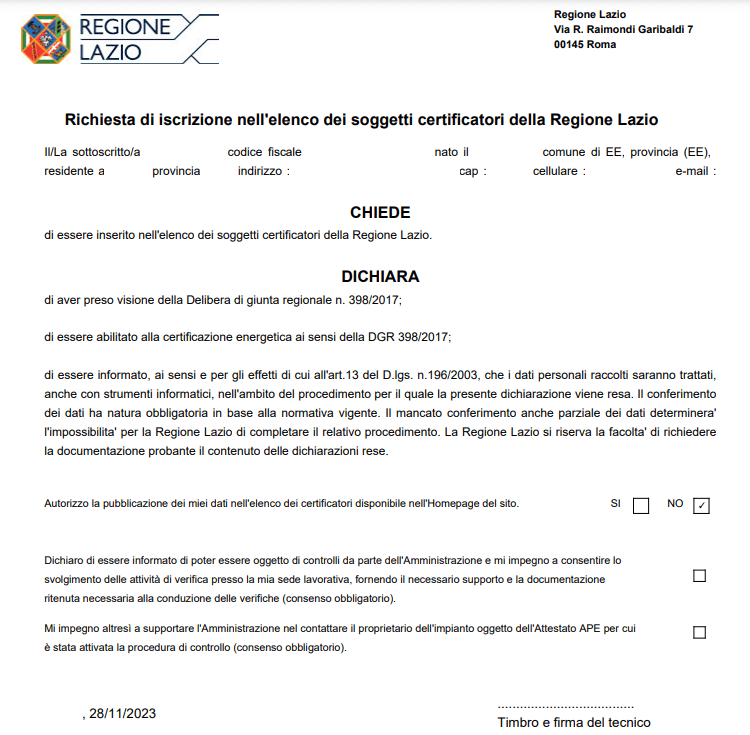 APE-Lazio - Documento di iscrizione Certificatore