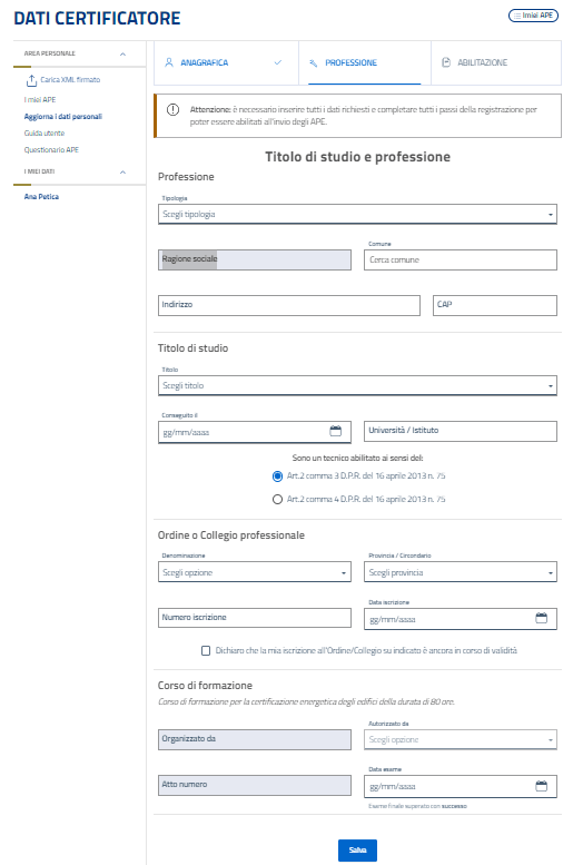 Sistema APE Sicilia - Registrazione nuovo Certificatore - Titolo di studio