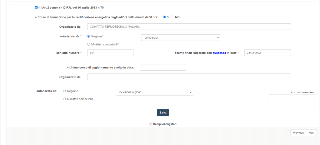APE Calabria - Inserimento altri dati per registrazione elenco Certificatori